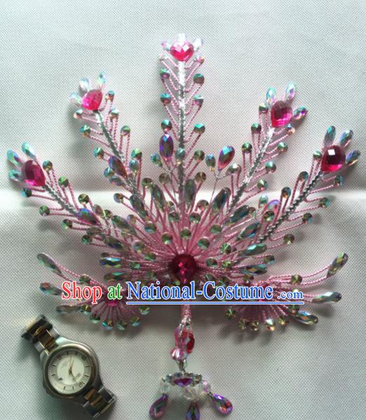 Chinese Beijing Opera Queen Pink Phoenix Hair Crown Hairpins Traditional Peking Opera Diva Hair Accessories for Women