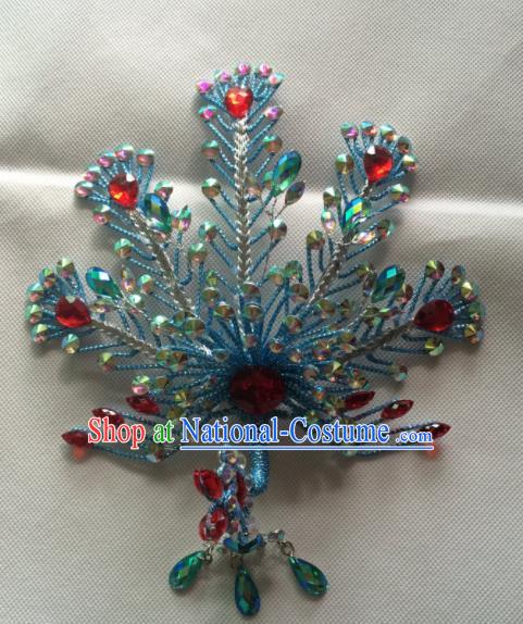 Chinese Beijing Opera Queen Blue Phoenix Hair Crown Hairpins Traditional Peking Opera Diva Hair Accessories for Women