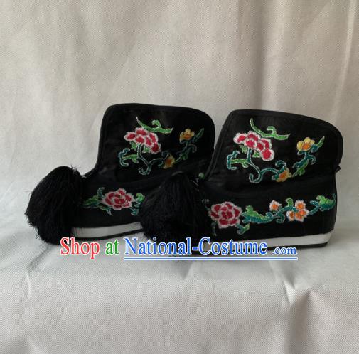 Chinese Beijing Opera Female Black Boots Traditional Peking Opera Blues Embroidered Shoes for Women