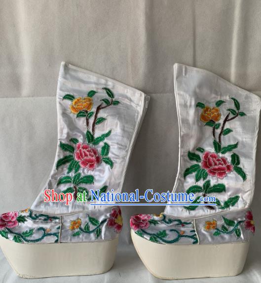 Chinese Beijing Opera Female White Boots Traditional Peking Opera Blues Embroidered Shoes for Women