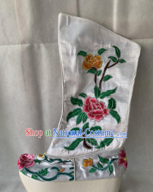 Chinese Beijing Opera Female White Boots Traditional Peking Opera Blues Embroidered Shoes for Women