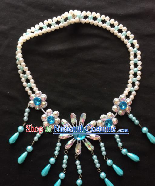 Chinese Beijing Opera Diva Blue Tassel Necklace Traditional Peking Opera Princess Necklet Accessories for Women