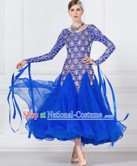 Professional Modern Dance Waltz Royalblue Veil Dress International Ballroom Dance Competition Costume for Women