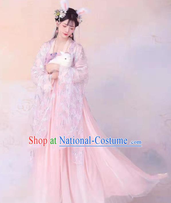 Ancient Chinese Goddess Pink Hanfu Dress Tang Dynasty Court Princess Historical Costumes for Women