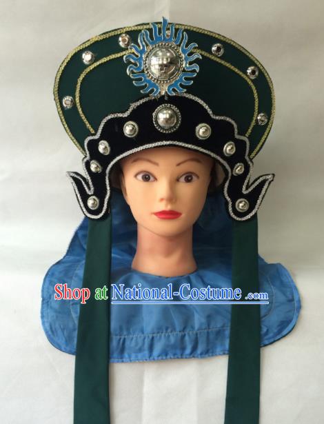 Chinese Beijing Opera Soldier Green Hat Traditional Peking Opera Takefu Headwear for Men