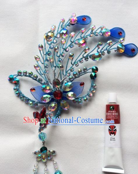 Chinese Beijing Opera Diva Blue Phoenix Hairpins Traditional Peking Opera Hair Accessories for Women