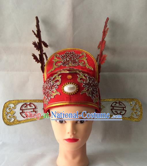 Chinese Beijing Opera Niche Red Hat Traditional Peking Opera Bridegroom Headwear for Men