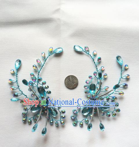 Chinese Beijing Opera Actress Blue Crystal Hair Claw Traditional Peking Opera Princess Hair Accessories for Women