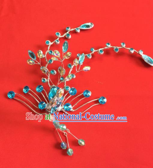 Chinese Ancient Princess Blue Crystal Phoenix Hairpin Traditional Peking Opera Actress Hair Accessories for Women