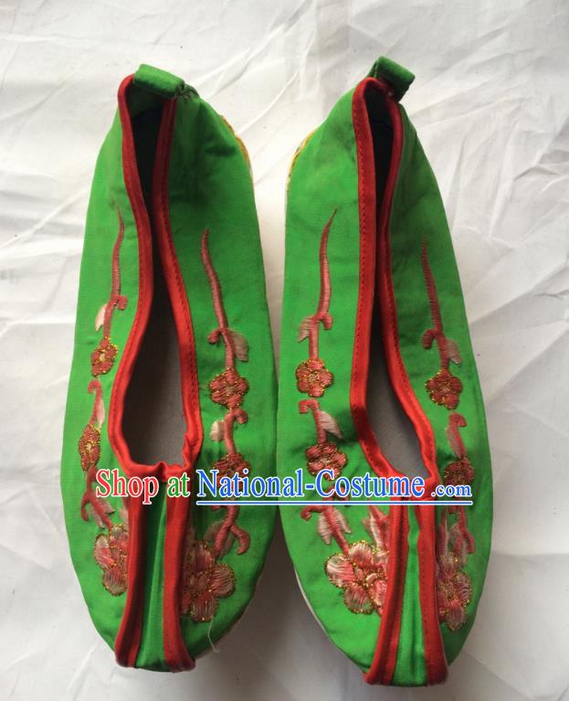 Chinese Beijing Opera Princess Green Shoes Traditional Peking Opera Diva Embroidered Shoes for Women