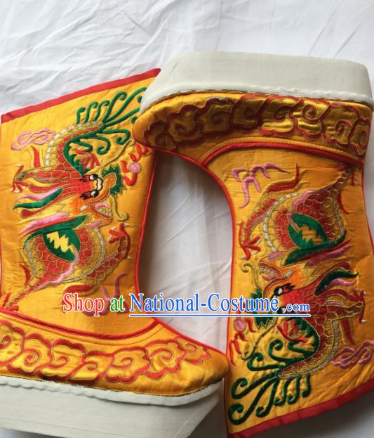 Chinese Beijing Opera Embroidery Dragon Golden Boots Traditional Peking Opera Takefu Embroidered Shoes for Men