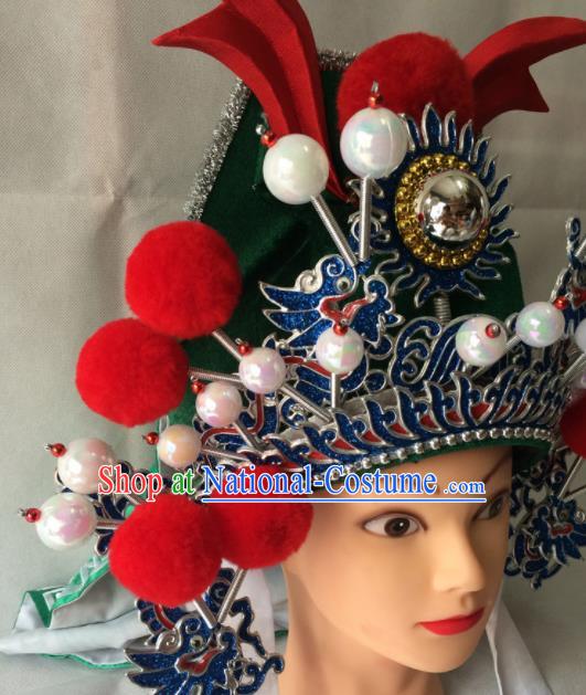 Chinese Beijing Opera General Green Hat Traditional Peking Opera Takefu Headwear for Men