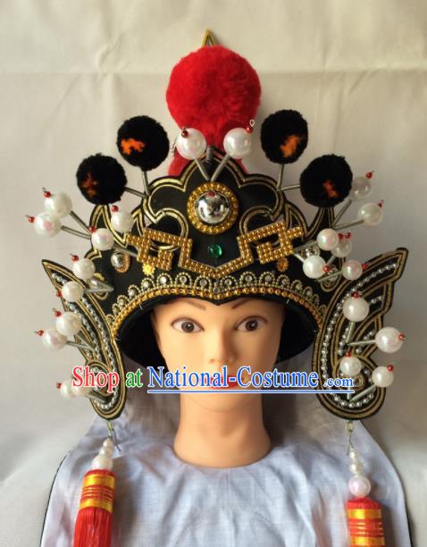 Chinese Beijing Opera General Black Hat Traditional Peking Opera Takefu Headwear for Men