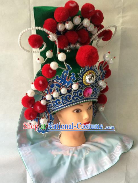 Chinese Beijing Opera General Green Helmet Hat Traditional Peking Opera Takefu Headwear for Men