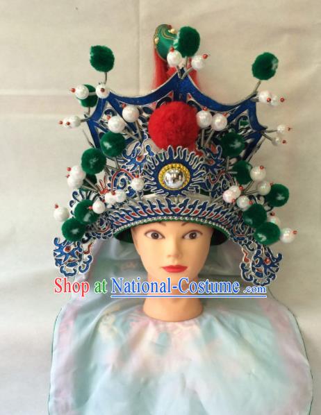 Chinese Beijing Opera General Green Helmet Traditional Peking Opera Takefu Hat Headwear for Men