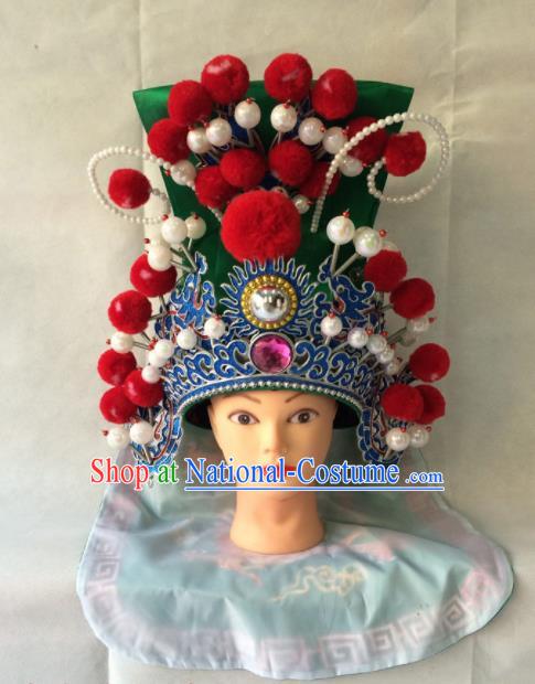 Chinese Beijing Opera General Green Helmet Hat Traditional Peking Opera Takefu Headwear for Men