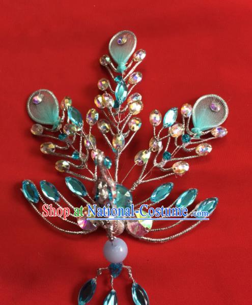 Chinese Beijing Opera Actress Blue Crystal Phoenix Hairpins Traditional Peking Opera Princess Hair Accessories for Women