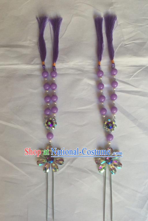 Chinese Beijing Opera Diva Purple Beads Tassel Hairpins Traditional Peking Opera Hair Accessories for Women