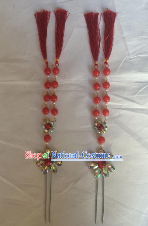 Chinese Beijing Opera Diva Red Beads Tassel Hairpins Traditional Peking Opera Hair Accessories for Women