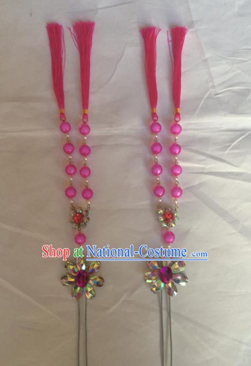 Chinese Beijing Opera Diva Rosy Beads Tassel Hairpins Traditional Peking Opera Hair Accessories for Women