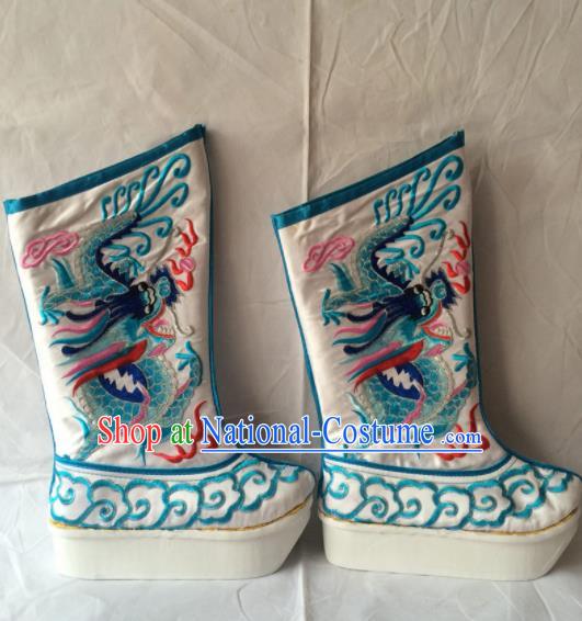 Chinese Beijing Opera Emperor White Boots Traditional Peking Opera Takefu Embroidered Shoes for Men