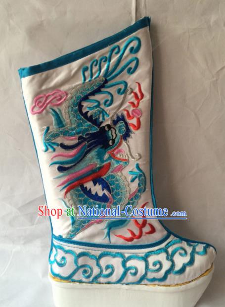 Chinese Beijing Opera Emperor White Boots Traditional Peking Opera Takefu Embroidered Shoes for Men