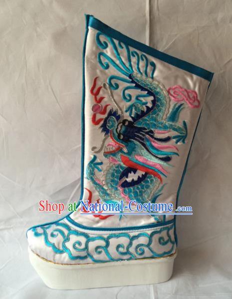 Chinese Beijing Opera Emperor White Boots Traditional Peking Opera Takefu Embroidered Shoes for Men