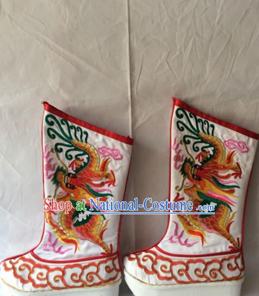 Chinese Beijing Opera Emperor White Boots Traditional Peking Opera Takefu Embroidered Red Dragon Shoes for Men