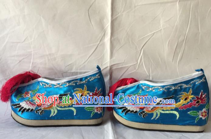 Chinese Beijing Opera Princess Blue Shoes Traditional Peking Opera Diva Embroidered Shoes for Women