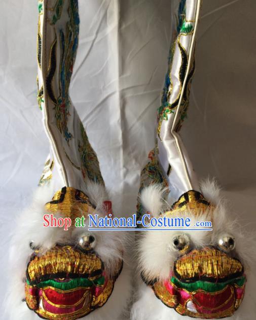 Chinese Beijing Opera Emperor White Boots Traditional Peking Opera Takefu Embroidered Shoes for Men