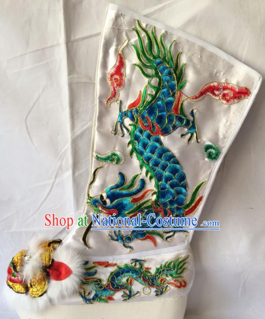 Chinese Beijing Opera Emperor White Boots Traditional Peking Opera Takefu Embroidered Shoes for Men