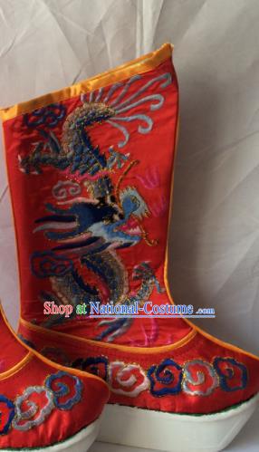 Chinese Beijing Opera Takefu Red Boots Traditional Peking Opera Emperor Embroidered Shoes for Men