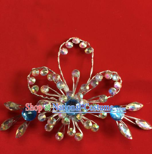 Chinese Beijing Opera Actress Blue Crystal Hair Stick Traditional Peking Opera Princess Hair Accessories for Women