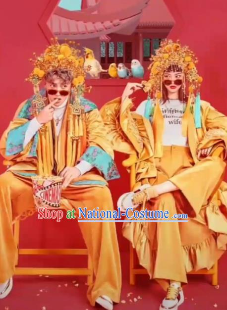 Chinese Beijing Opera Wedding Yellow Dress Traditional Peking Opera Costumes for Women for Men