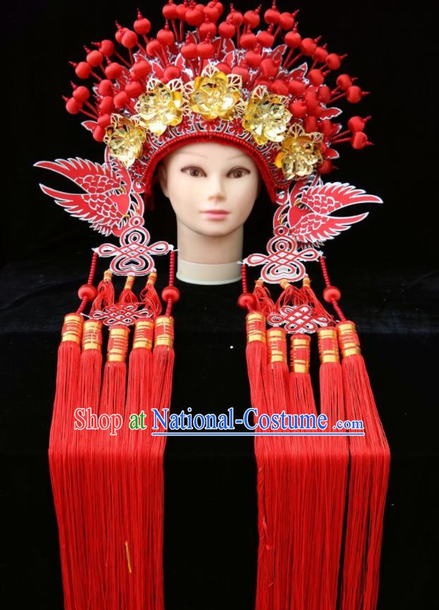 Chinese Beijing Opera Red Phoenix Coronet Traditional Peking Opera Bride Hat Hair Accessories for Women