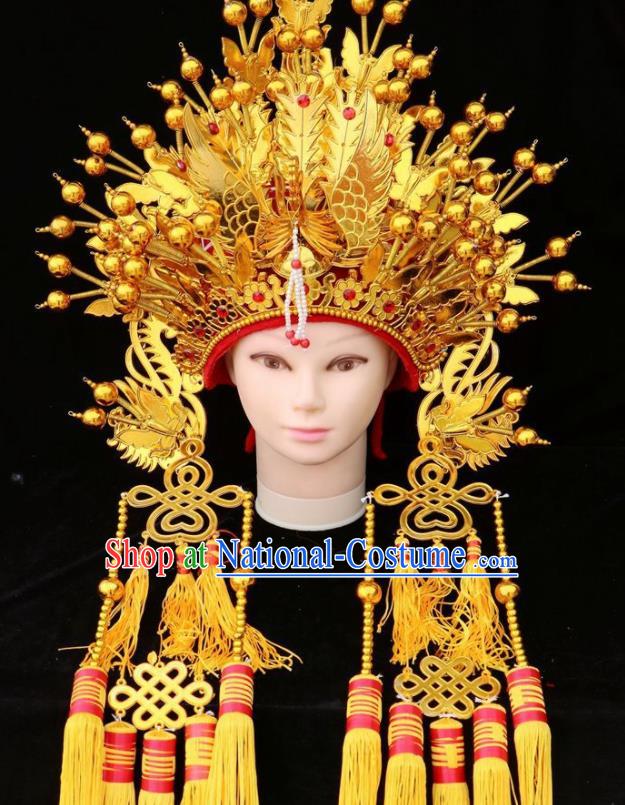 Chinese Beijing Opera Diva Golden Phoenix Coronet Traditional Peking Opera Bride Hat Hair Accessories for Women