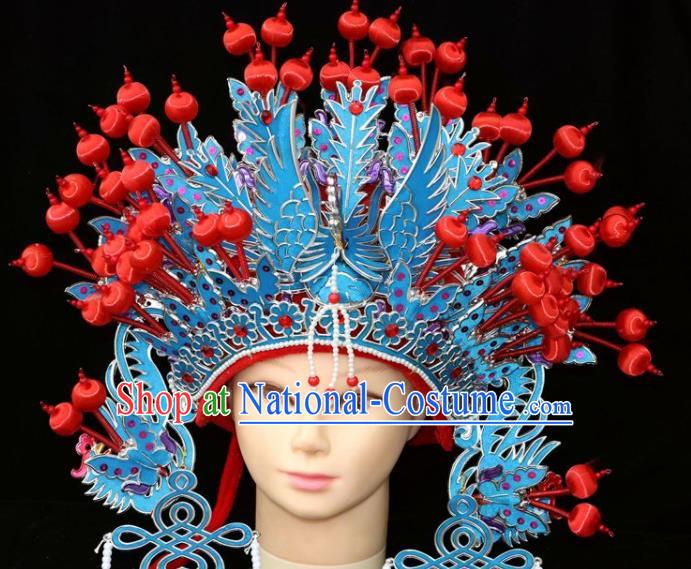 Chinese Beijing Opera Diva Blue Phoenix Coronet Traditional Peking Opera Bride Hat Hair Accessories for Women