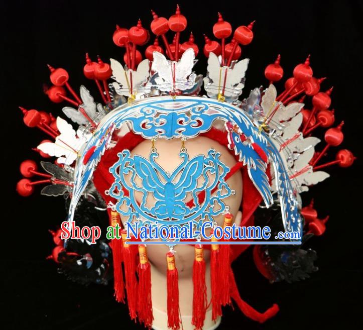 Chinese Beijing Opera Diva Blue Phoenix Coronet Traditional Peking Opera Bride Hat Hair Accessories for Women