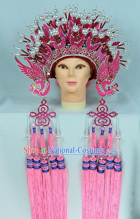 Chinese Beijing Opera Queen Pink Butterfly Phoenix Coronet Traditional Peking Opera Bride Hat Hair Accessories for Women