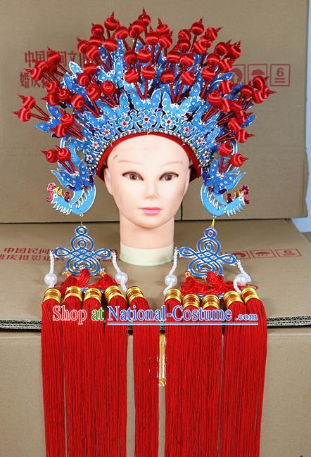 Chinese Beijing Opera Queen Blue Butterfly Phoenix Coronet Traditional Peking Opera Bride Hat Hair Accessories for Women