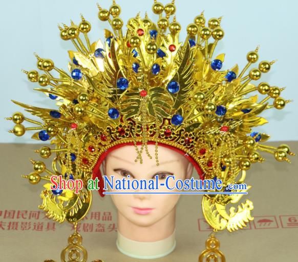 Chinese Beijing Opera Queen Blue Crystal Phoenix Coronet Traditional Peking Opera Bride Hat Hair Accessories for Women