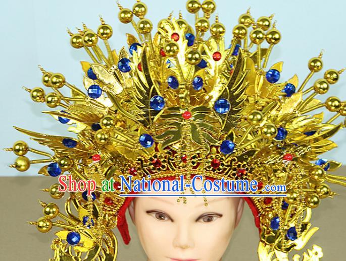 Chinese Beijing Opera Queen Blue Crystal Phoenix Coronet Traditional Peking Opera Bride Hat Hair Accessories for Women