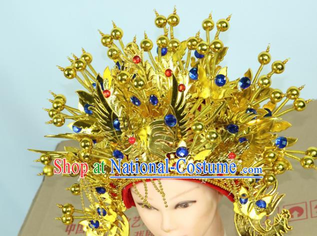 Chinese Beijing Opera Queen Blue Crystal Phoenix Coronet Traditional Peking Opera Bride Hat Hair Accessories for Women