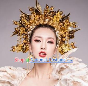 Chinese Beijing Opera Golden Phoenix Coronet Traditional Peking Opera Bride Hat Hair Accessories for Women