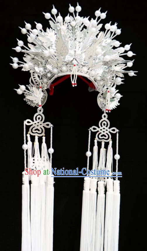 Chinese Beijing Opera White Tassel Phoenix Coronet Traditional Peking Opera Bride Hat Hair Accessories for Women