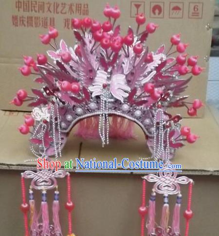 Chinese Beijing Opera Pink Tassel Phoenix Coronet Traditional Peking Opera Bride Hat Hair Accessories for Women