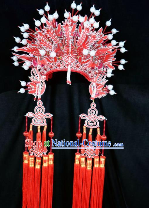 Chinese Beijing Opera Red Tassel Phoenix Coronet Traditional Peking Opera Bride Hat Hair Accessories for Women