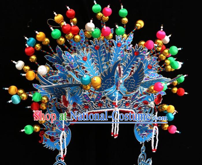 Chinese Beijing Opera Imperial Consort Blue Phoenix Coronet Traditional Peking Opera Bride Hat Hair Accessories for Women