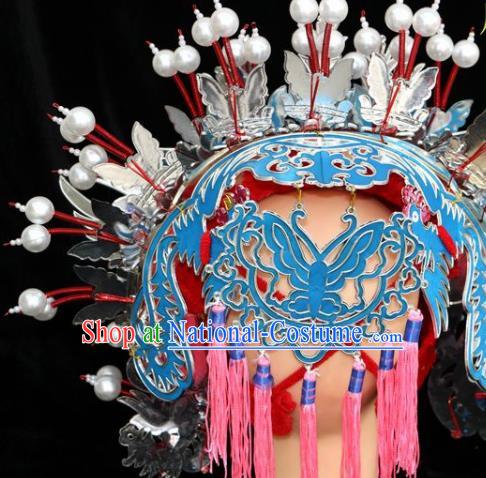 Chinese Beijing Opera Imperial Consort Blue Phoenix Coronet Traditional Peking Opera Bride Hat Hair Accessories for Women