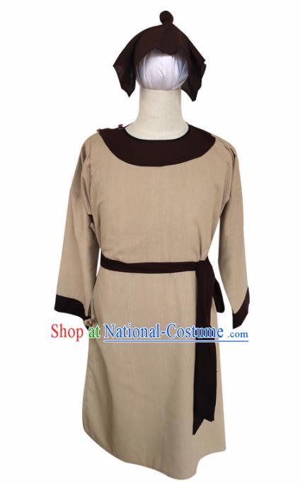 Chinese Ancient Civilian Khaki Robe Traditional Ming Dynasty Teahouse Waiter Costume for Men